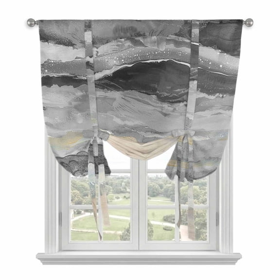 Grey Coastal Tie Up Curtains for Kitchen Windows,Adjustable Rod Pocket Valance 45 Inch Short, Summer Beach Nautical Abstract Art Window Treatment Balloon Roman Blind Shade, 42" x 45"