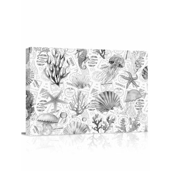 Grey Coastal Wall Art for Living Room,Canvas Picture Wall Decor for Bathroom Bedroom,Summer Coral Shell Sea Beach Nautical Painting Artwork for Office Kitchen Hallway Dining Room Home Decor 12"x16"