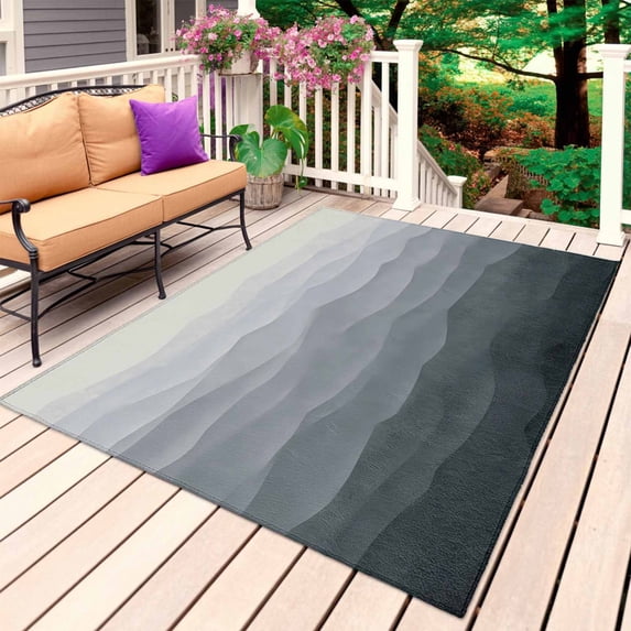 Grey Coastal Wave Outdoor Rug 3x5 Ft, Non Slip Washable Area Rug, Summer Ocean Nautical Beach Ombre Patio Rugs Carpet Runner, Large Floor Mat for Indoor/Outdoor Deck Porch Camping