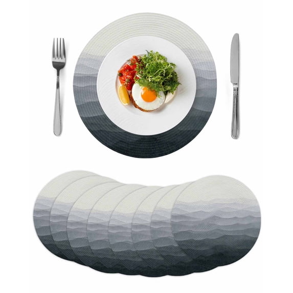 Grey Coastal Wave Round 15 Inch Placemats Set of 8, Summer Ocean Nautical Beach Ombre HeatResistant Non Slip Place Mats for Dining Table, Wipeable Braided Kitchen Table Mats for Housewarming
