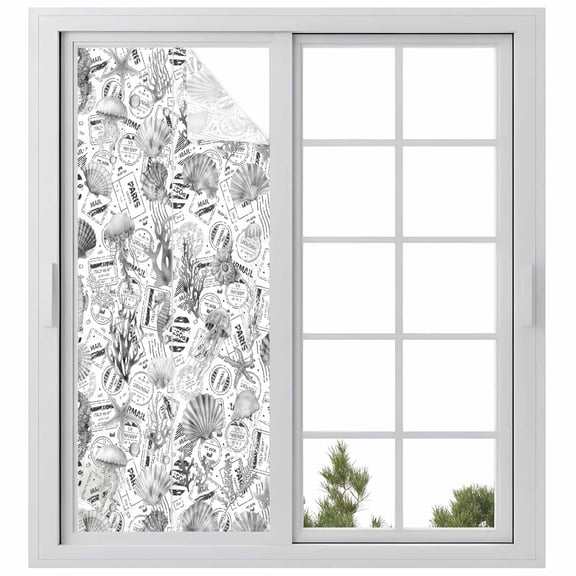 Grey Coastal Window Privacy Film, Summer Coral Shell Sea Beach Nautical Static Cling UV Sun Blocking Heat Control Window Tint Day and Night, Non-Adhesive One Way Windows Privacy Cover 23.6''x59''
