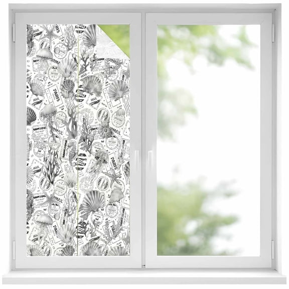 Grey Coastal Window Privacy Film, Summer Coral Shell Sea Beach Nautical Static Cling UV Sun Blocking Heat Control Window Tint Day and Night, Non-Adhesive One Way Windows Privacy Cover 19.6''x39.3''