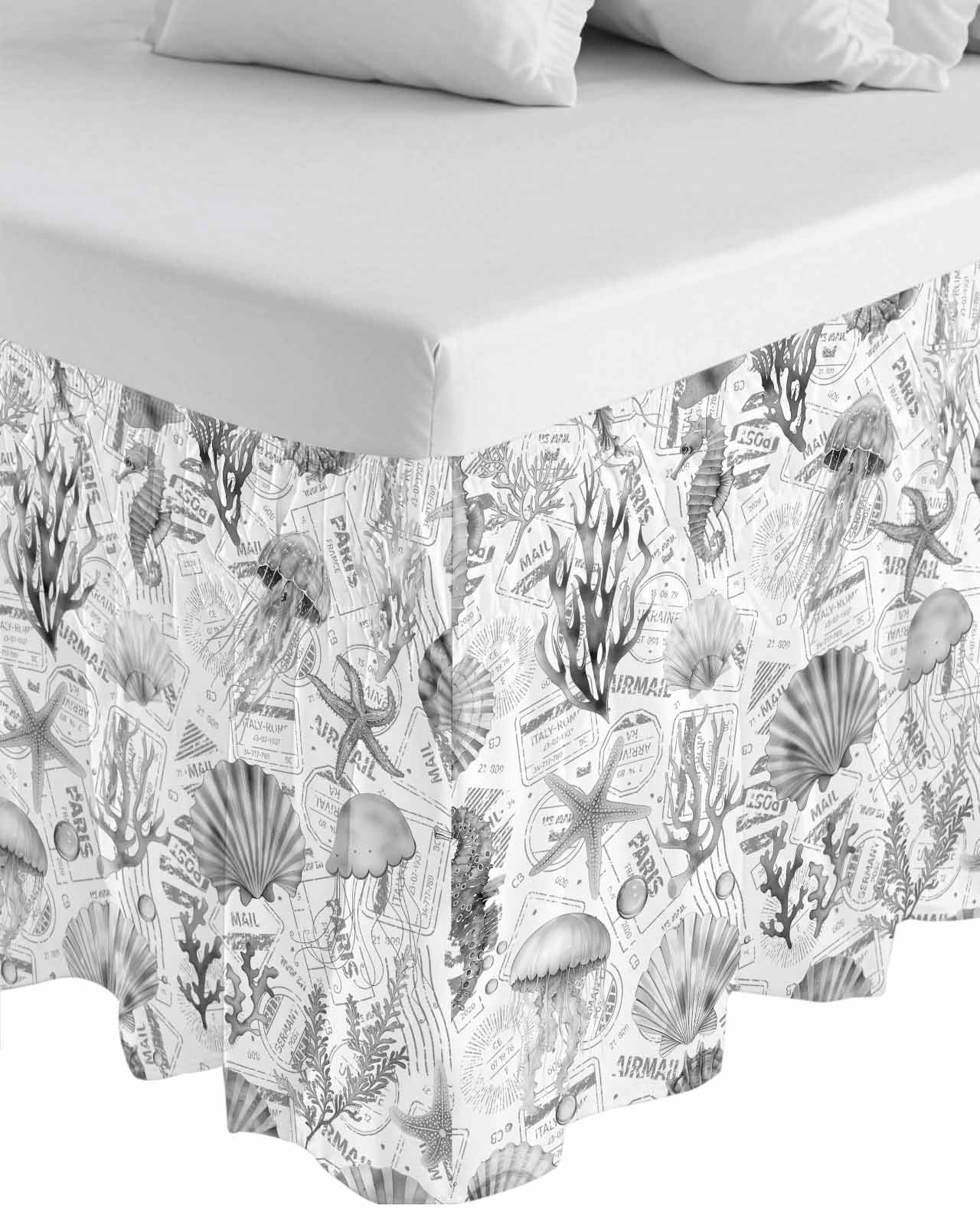 Grey Coastal Wrap Around Bed Skirts for Queen Bed 16" Drop,Bed Skirt with Adjustable Elastic Belt Dust Ruffle Bed Valance for Bedroom Hotel Summer Coral Shell Sea Beach Nautical Bed Frame Cover