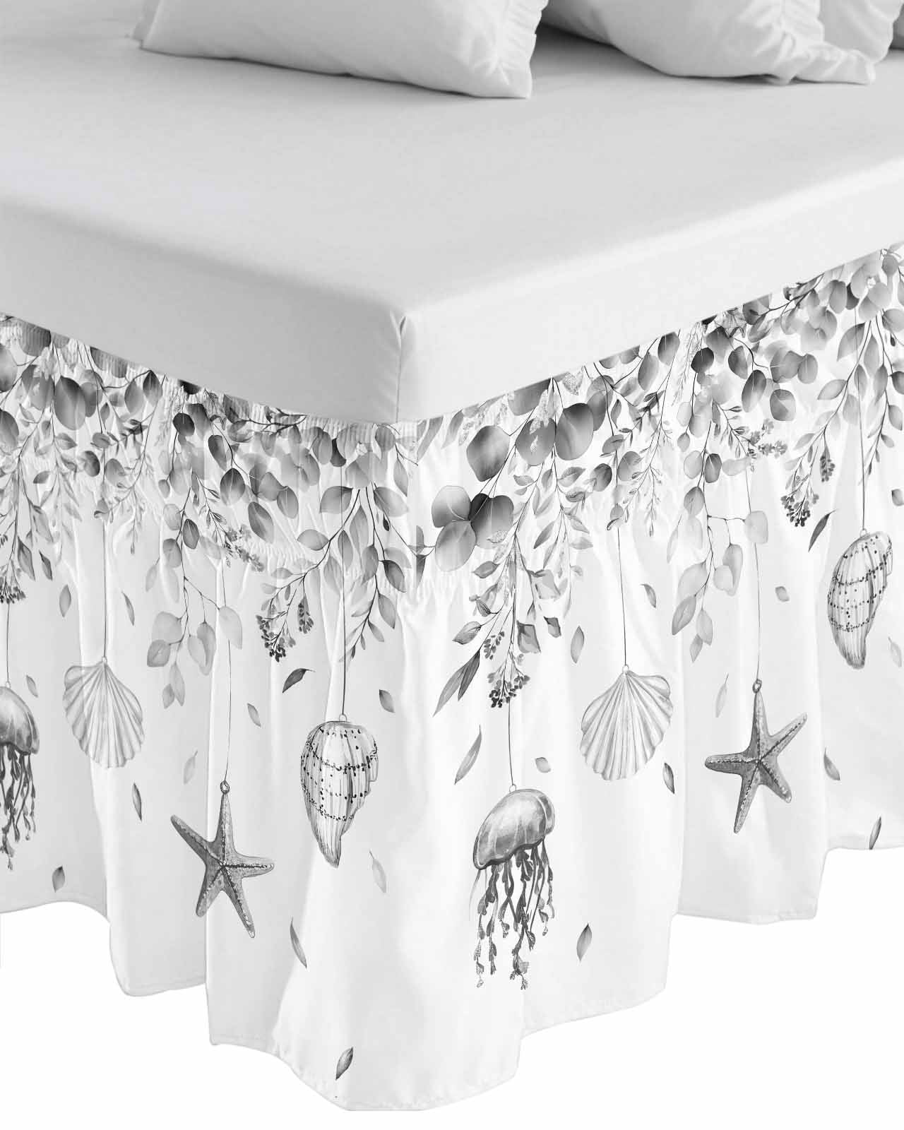 Grey Coastal Wrap Around Bed Skirts for Queen Bed 16" Drop,Bed Skirt with Adjustable Elastic Belt Dust Ruffle Bed Valance Summer Eucalyptus Leaves Beach Ocean Starfish Nautical Bed Frame Cover