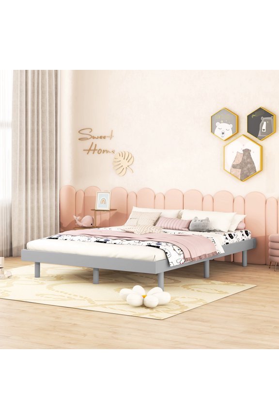 Grey Color Full Floating Bed Frame | KD Easy Assembly, No Box Spring Needed