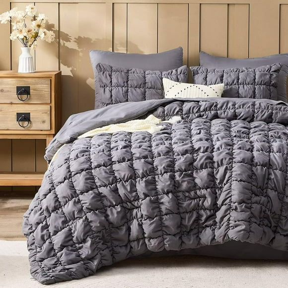 Grey Comforter Set Full Size Bed in A Bag 7 Piece Pinch Pleat Bedding Set, Pintuck Ruched Square Bed Set with Comforter, Sheets, Pillowcases & Shams