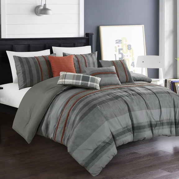 Grey Comforter Set Queen Size - Massassi 7-Piece Striped Bedding Set