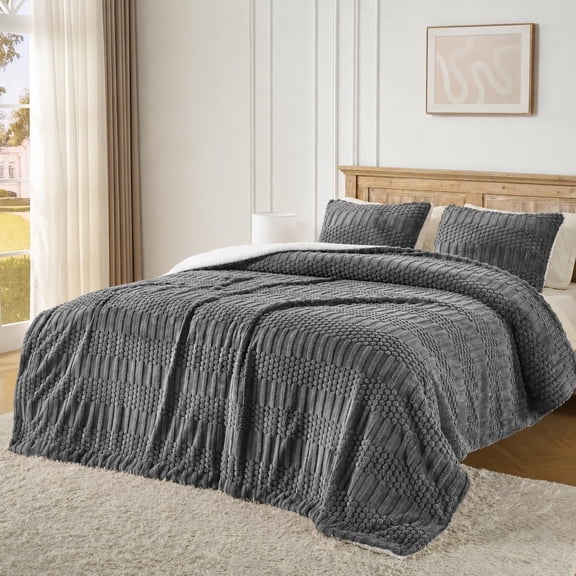 Grey Comforter Set, Soft Fleece Plush Bedding Set with 2 Pillow Shams, Cozy Warm Bed Set for Winter, Boho Bedroom Decor