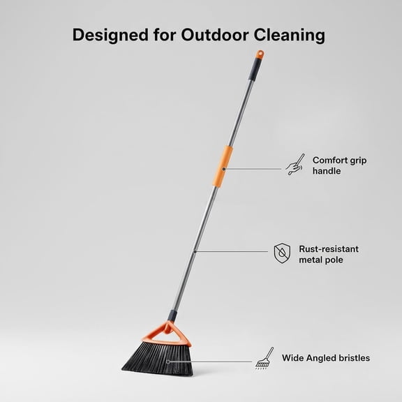 Grey Commercial Grade Heavy Duty Outdoor Broom Stiff Bristle for Patio Garage Deck Pet Hair Weeds Leaves Cleaning