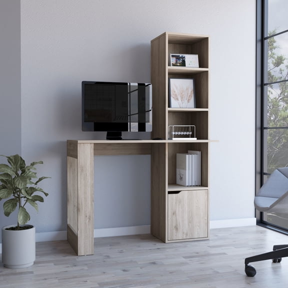 Grey Computer Desk With Bookcase And Storage Cabinet, 25.1"w X 17.7"d Work Surface, 4-shelf For Books, Cabinet Personal Items, Engineered Wood - Large Workspace Work, 4 Organized Display, Belongings,