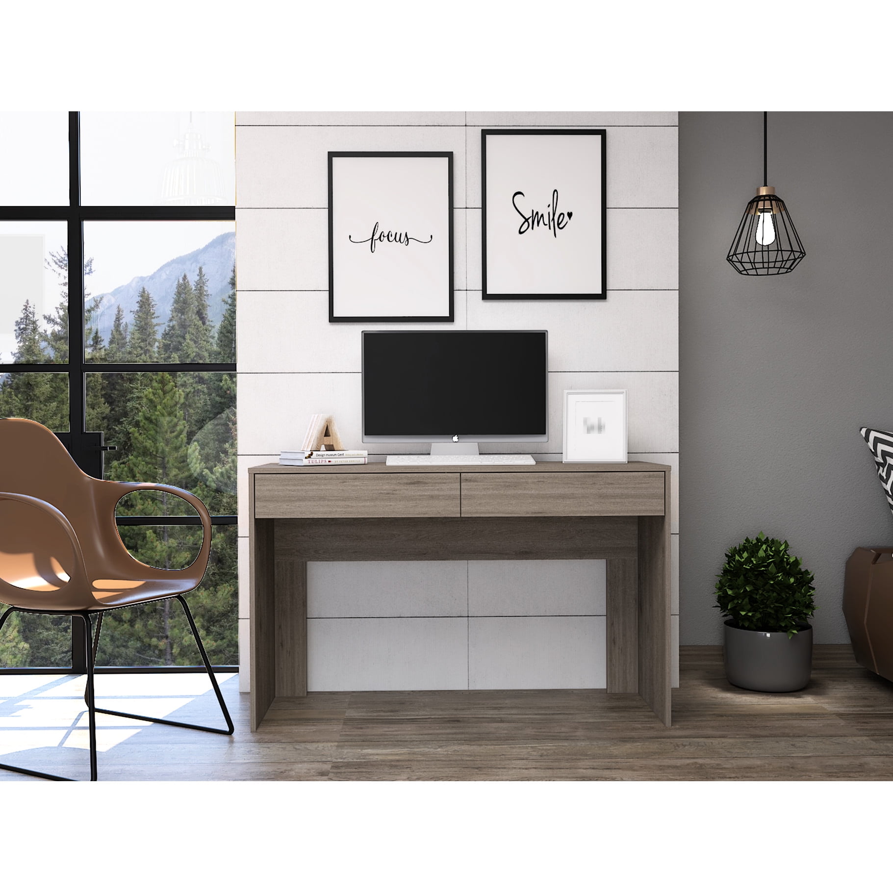 Grey Computer Desk With Two Drawers, Modern Office Ergonomics ...
