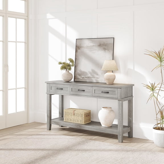 Grey Console Table with 3 Drawers & Open Storage Shelf – 2-Tier Entryway Sofa Table – Suits Living Room, Hallway, Foyer, or Behind Couch – Color: Grey