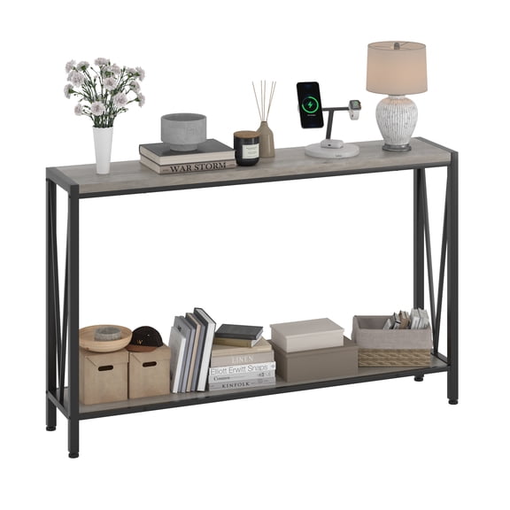 Grey Console Table, 42.9" Narrow Entryway Sofa Side Table – 2-Tier Open Storage Shelf, Industrial Metal Frame, Easy Assembly, For Living Room, Hallway, Foyer, Office, Color: Grey