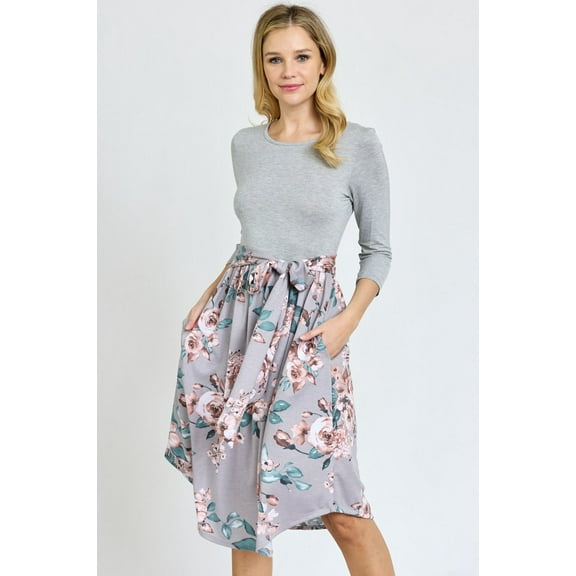 Grey Contrast 3/4 Sleeve Vintage Floral Sash Midi Dress | S-3X