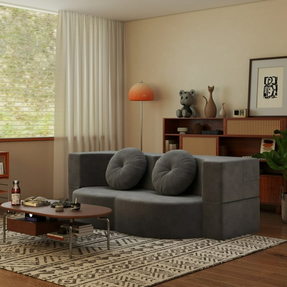 Grey Convertible Floor Sofa Bed - 14.2" Full Size Plush Corduroy Foam Sleeper with 2 Pillows No Assembly Required