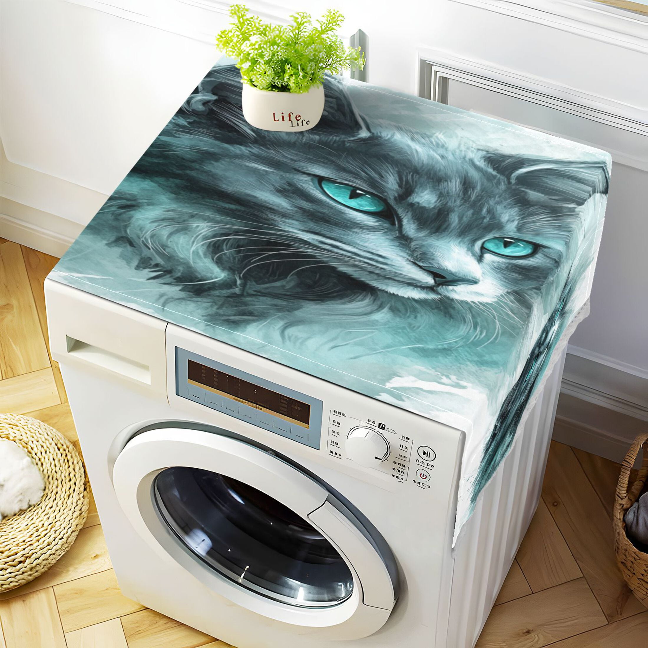 A Grey Cool CatWasher and Dryer Covers Dust-Proof and Oil Resistant Fridge Cover with 4 Storage Pockets Washing Machine Top Cover for Laundry Kitchen Home 51.2 x 22 In