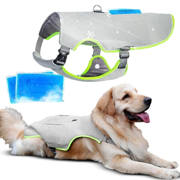 Grey Cooling Dog Vest with Ice Packs, Adjustable Reflective Cooling Harness for Large Medium Dogs, Hot Weather Vest with Leash Ring for Walks