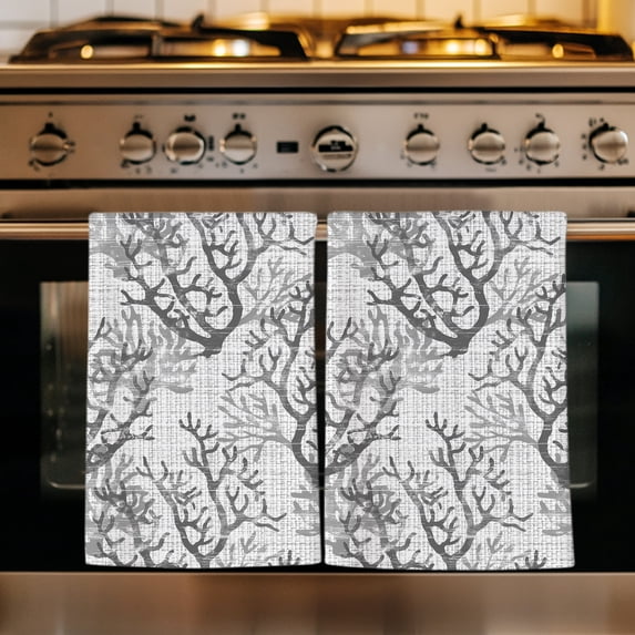 Grey Coral Coastal Kitchen Towels Set of 2, Summer Beach Nautical Ocean Sea Vintage Absorbent Dish Towels for Kitchen, Microfiber Hand Towel, Quick Drying Tea Towel for Cleaning Decorative Dishcloths