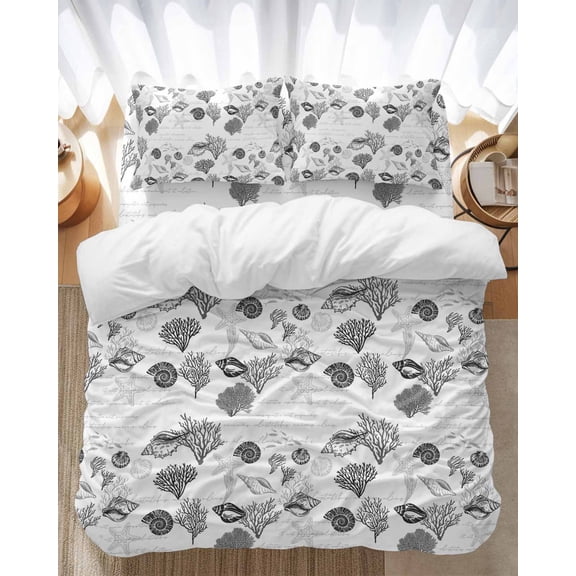 Grey Coral Shell Bedding Duvet Cover Set California King Size 4 Pieces Starfish Nautical Marine Life Vintage Letter Bedding Set with Zipper, 1 Comforter Cover 96x104 in 1 Flat Sheet & 2 Pillow Cases