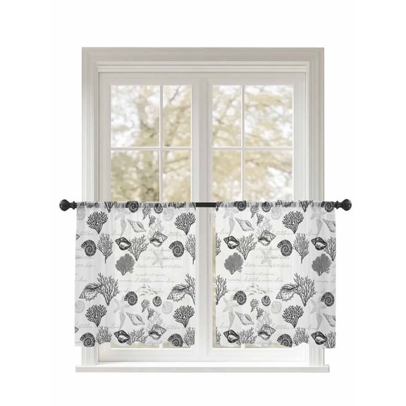 Grey Coral Shell Sheer Curtains 2 Panels Set Starfish Nautical Marine Life Vintage Letter Lihgt Filtering Rod Pocket Voile Drape, Semi Sheer Window Curtains for Bedroom Living Room, 52"x54"
