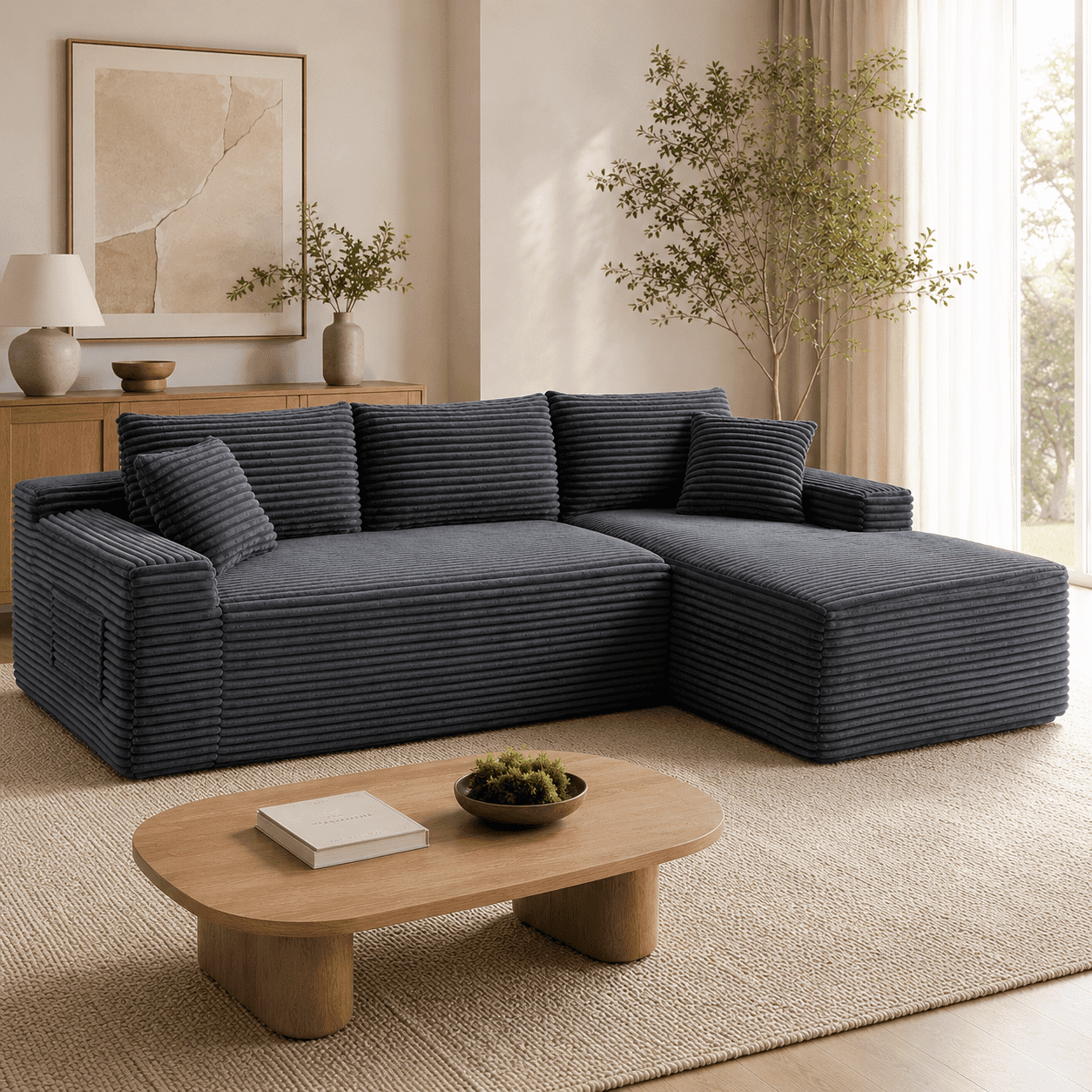 Deep Throw Toy Grey Corduroy L-Shaped Sectional Sofa in a Box, 4-Seat Compressed ...