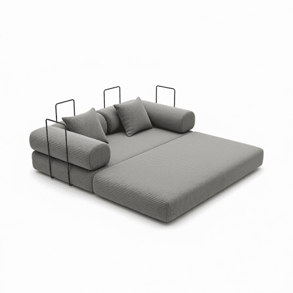 Grey Corduroy Modular Floor Sofa Bed with Metal Frame, 4-in-1 Convertible Daybed with 2 Pillows, No Assembly Needed