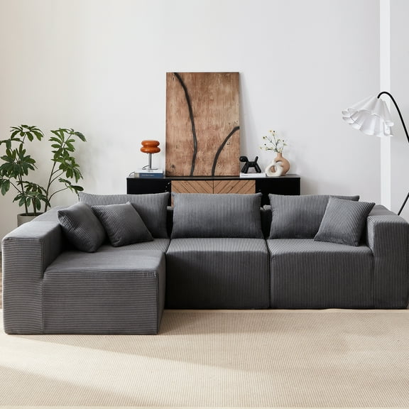 Grey Corduroy Modular Sectional , L Shaped For Living Areas, Bedroom, 4 Pc , Assembly-