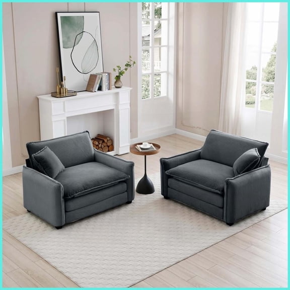 Grey Corduroy Retro-Modern Deep Seated Sofa Set 2 Single Seats for Living Room & Office