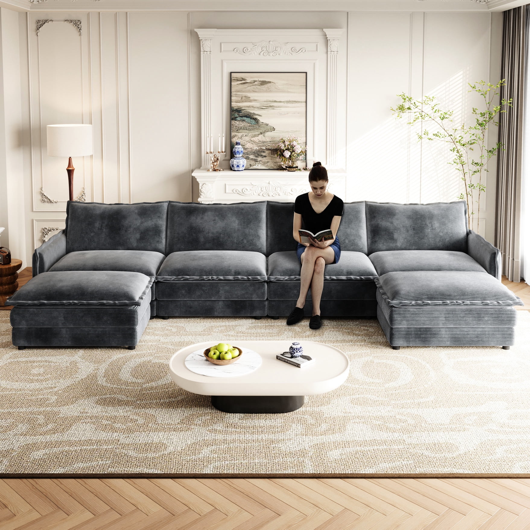 Sofa Multiple Grey Corduroy Sofa - Flexible Combinations for Custom Setups - Multiple ...