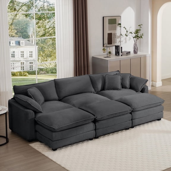 Modern L-Shaped Grey Corduroy Sofa with Portable Ottoman, 220×80×75cm for Home Living Room