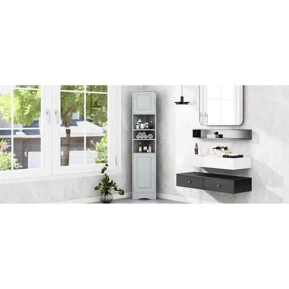 Grey Corner Cabinet | Adjustable Shelving for Custom Storage | Bathroom Utility