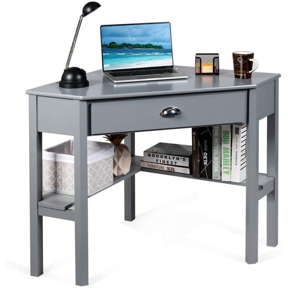 Grey Corner Desk For Small Space Wood Computer Desk With Drawer And Open Storage Shelves