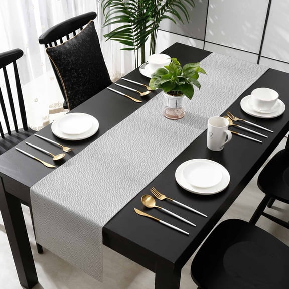 Grey Cotton Linen Table Runner 14 x 72 inch Vintage Leather Patterned Texture Solid Modern Non-slip Rectangular Dining Table Decor for Wedding Party Holiday Dinner