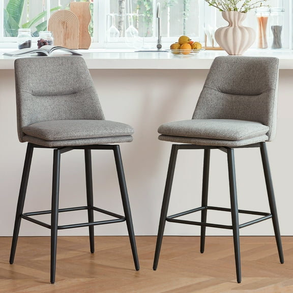 Grey Counter Height Bar Stools Set of 2,27 Inch Seat Height with Back and Metal Legs360 Swivel Upholstered Faux Leather Swivel Bar Stools