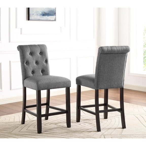 Grey Counter Height Stool (2). Solid Wood Build With Attractive Details. Cushioned Seats And Backs For Comfort. -colored Wooden Legs. Gracefully Curved High-back Chairs. 23" W X 19" D 39.81" H. Seat