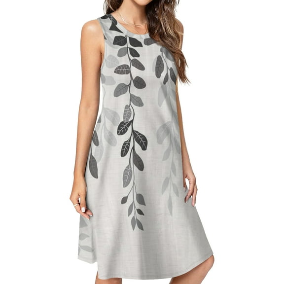 Grey Country Rustic Leaves Plant Spring Summer Dresses for Women Fashion T-shirt Dress Casual Sleeveless Loose Sundress with Pockets