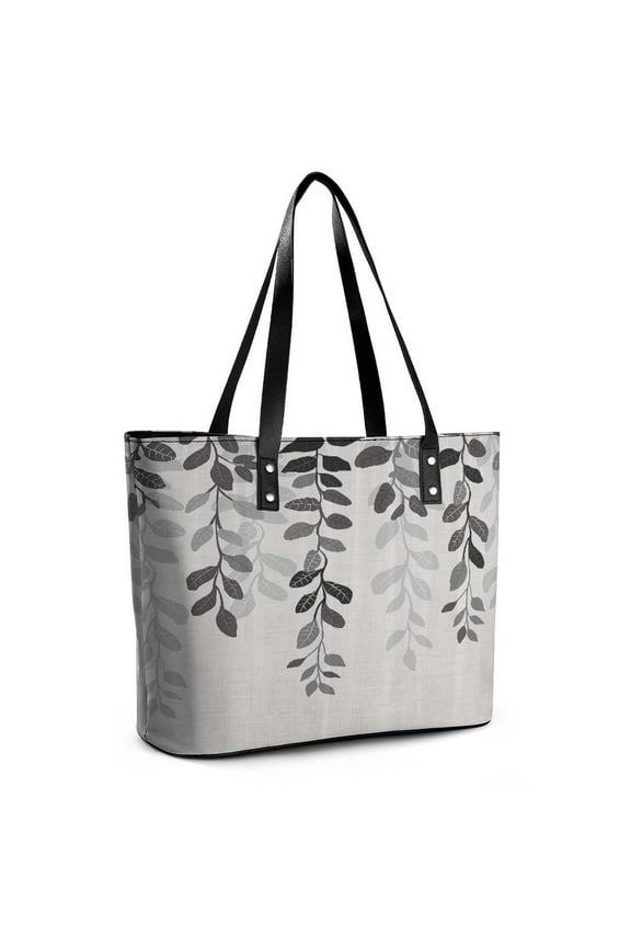 Grey Country Rustic Leaves Plant Woman Leather Handbags Large Tote Bag Fashion Portable Handbags With Zipper