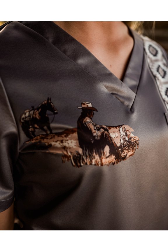 Women's scrub top, Western, Workwear, Uniform, Scrub Sets, Spurrin' Scrubs-Grey Cowboy Scrub Top