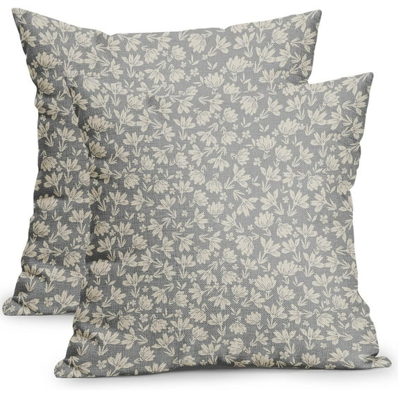 Grey and Cream Floral Pillow Covers 20x20 Inch Set of 2 Vintage Rustic Flower Outdoor Decorative Throw Pillows Grey Small Floral Print Farmhouse Pillowcases Cotton Linen Cushion Cover for Couch Decor