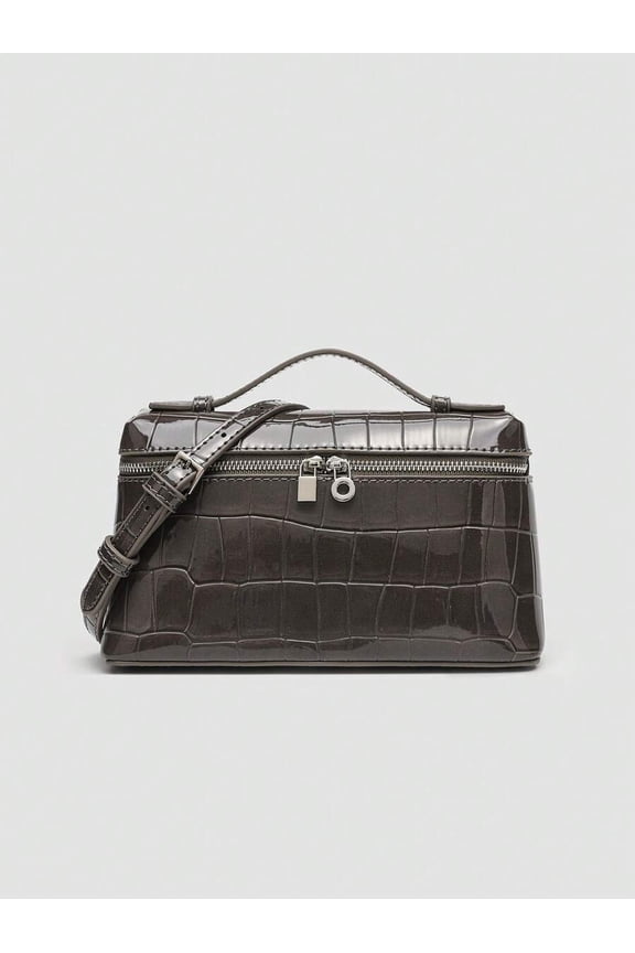 Grey Croc-Embossed Glossy PU Square Shoulder Bag With Top Handle And Zipper