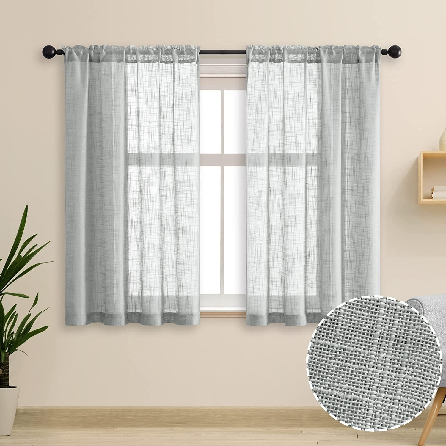 Grey Curtains 48 Inch Length for Bathroom Window 2 Panels.Semi Sheer Rod Pocket Faux Linen Small
