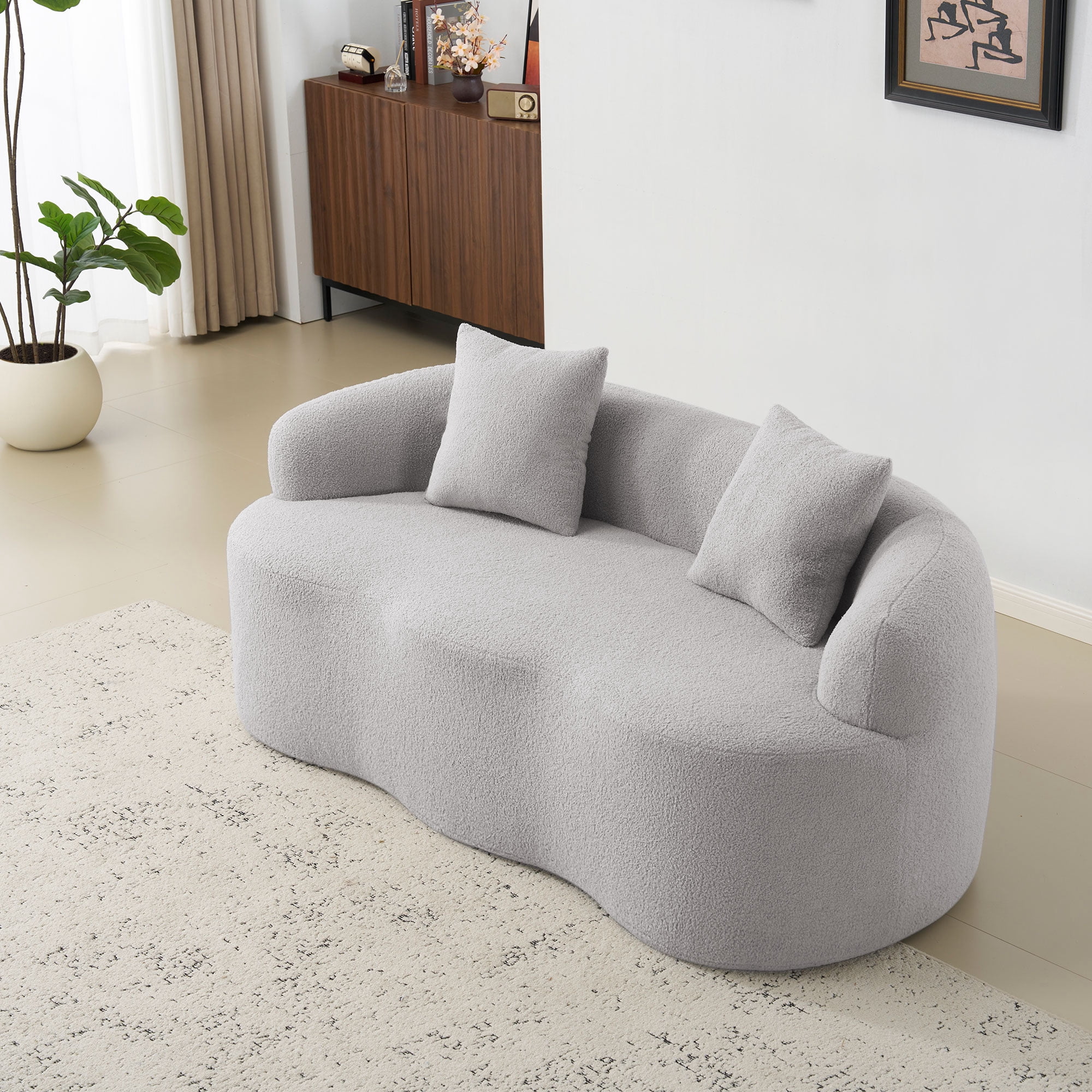 Grey Curved Loveseat Sofa with Round Armrest, Teddy Velvet Fabric Compression Couch with 2 Pillows, Cream Couch for Small Space, Living Room, Bedroom, No Assembly
