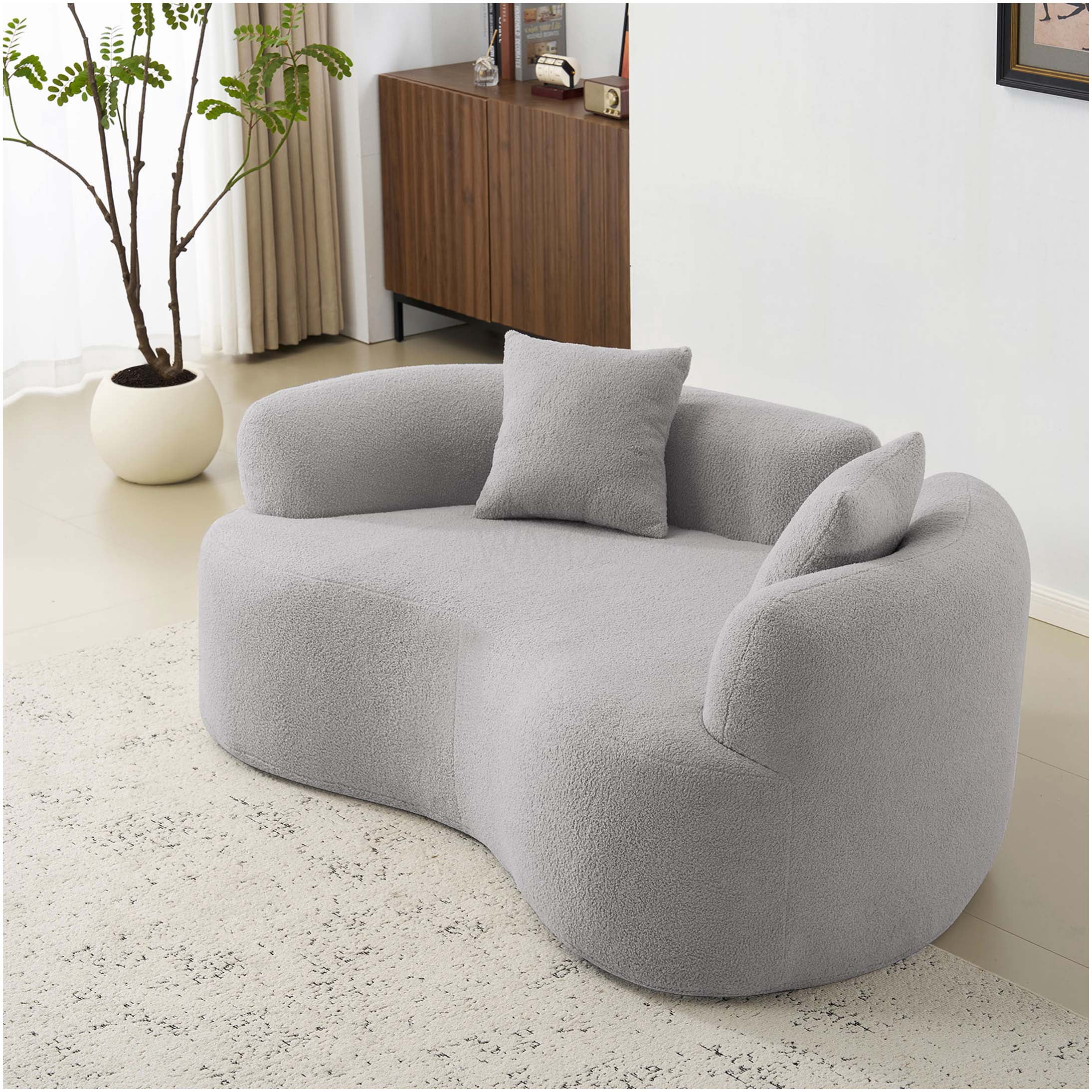 Grey Curved Loveseat Sofa for Small Spaces, Plush Teddy Velvet Fabric ...