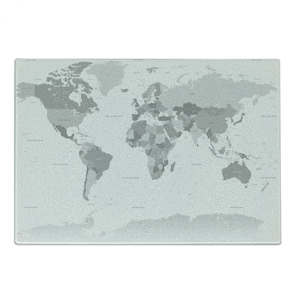 Grey Cutting Board, Detailed World Map with All Countries Major Capital Cities Universe Earth Continents, Decorative Tempered Glass Cutting and Serving Board, Small Size, White Grey, by Ambesonne
