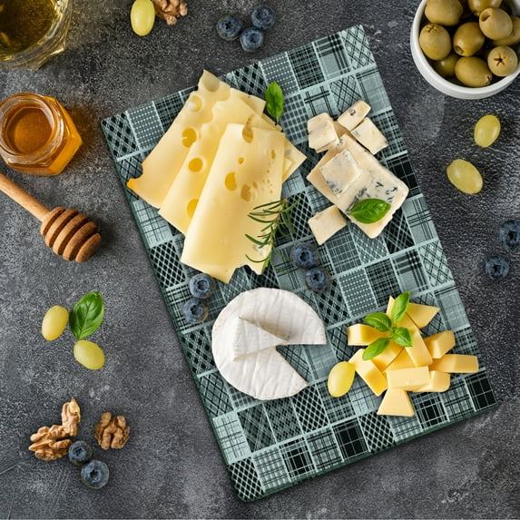 Grey Cutting Board, Mixed Checkered Squared Scotch Plaid Striped Patterns in Patchwork Style Image, Decorative Tempered Glass Cutting and Serving Board, Small Size, Black White Grey, by Ambesonne