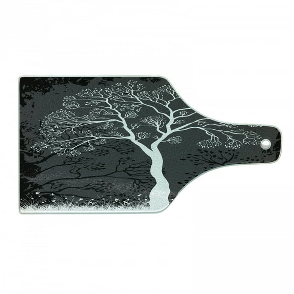 Grey Cutting Board, Tree Illustration with Growing Branches Merry Seasonal Grass Bushes Nature, Decorative Tempered Glass Cutting and Serving Board, Wine Bottle Shape, Grey White, by Ambesonne