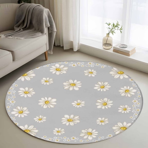 Grey Daisy Flower 3FT Round Area Rugs Farmhouse Floral Summer Country Soft Small Round Rug Non-Slip, Ultra-Thin Indoor Circle Carpet for Bedroom Entryway Kitchen Bathroom