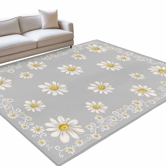 Grey Daisy Flower 6x9ft Non Slip Area Rug Farmhouse Floral Summer Country Washable Soft Area Rugs for Living Room, Indoor Circle Carpet for Bedroom Dining Room Kitchen