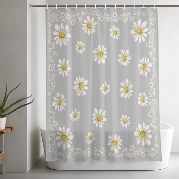 Grey Daisy Flower Bathroom Shower Curtain, Farmhouse Floral Summer Country Waterproof Washable Soft Bath Curtain for Bathtub Decor with 12 Hooks&Grommet, 36x72in