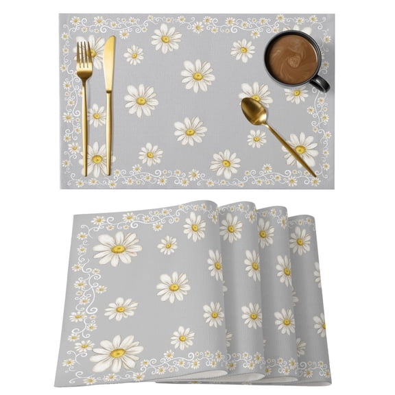 Grey Daisy Flower Cotton Linen Placemats Set of 2, Farmhouse Floral Summer Country Washable Table Place Mats Heat Insulating Placemat for Dining Room Kitchen Daily Use 13 x 19 Inch